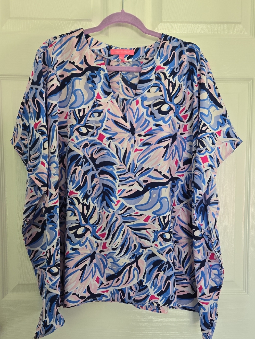Simply Southern Drape Poncho Style Blouse‎ Size XL Leaf Blue Pink Boho Hippie